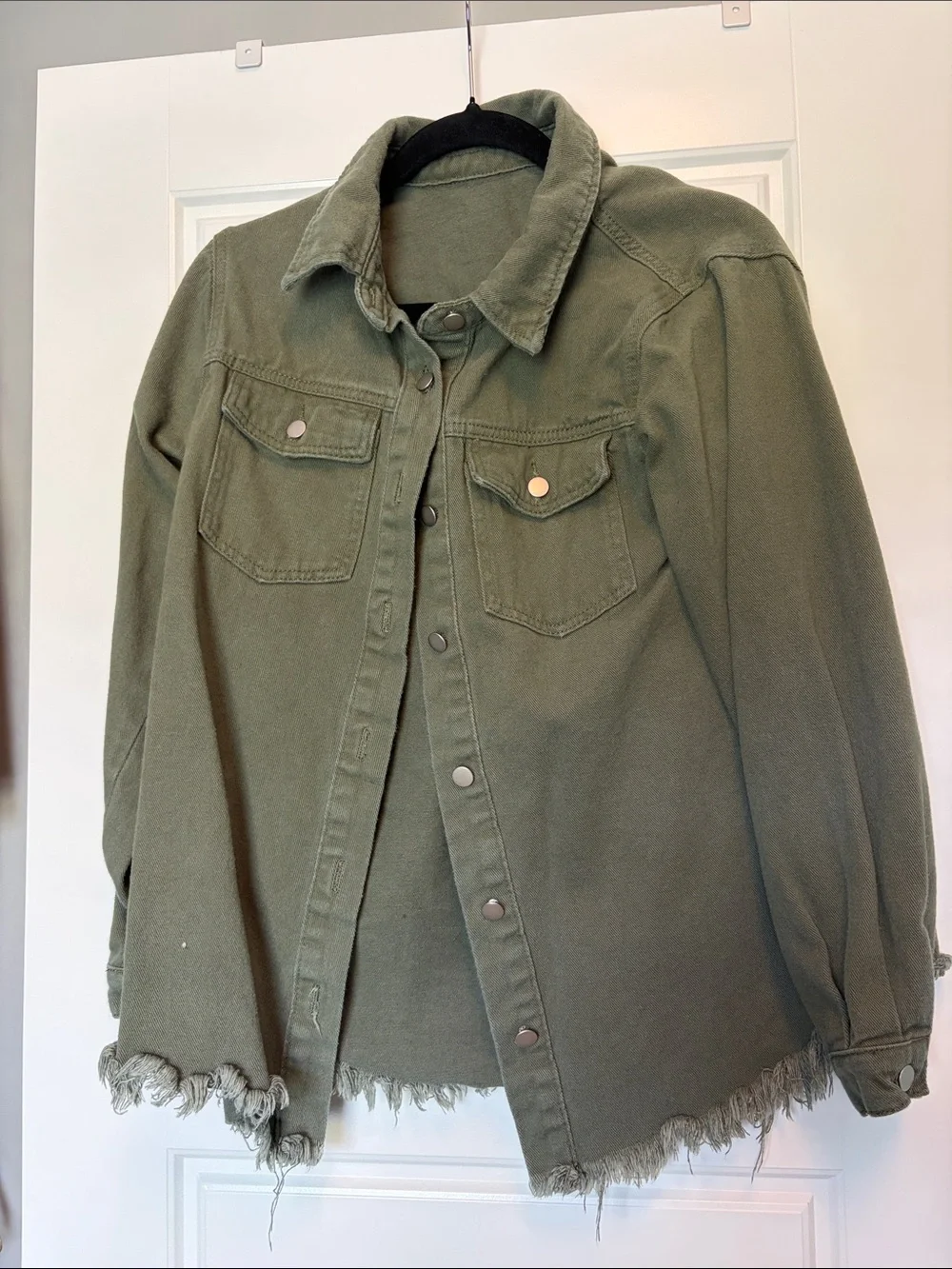 Olive Green Fringe-Hem Utility Jacket